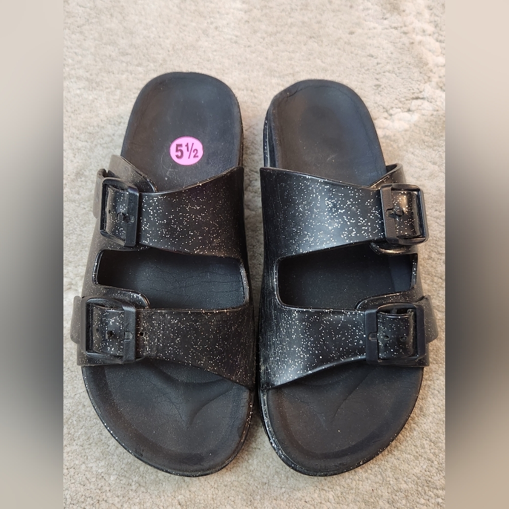 Black Glitter Slide Sandals Womens 5.5 Soft Sole